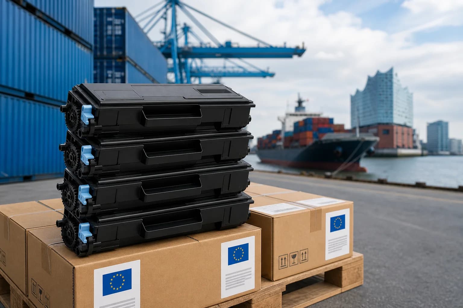 Kyocera toner cartridges on EU export cartons at a European port - wholesale supply to Europe