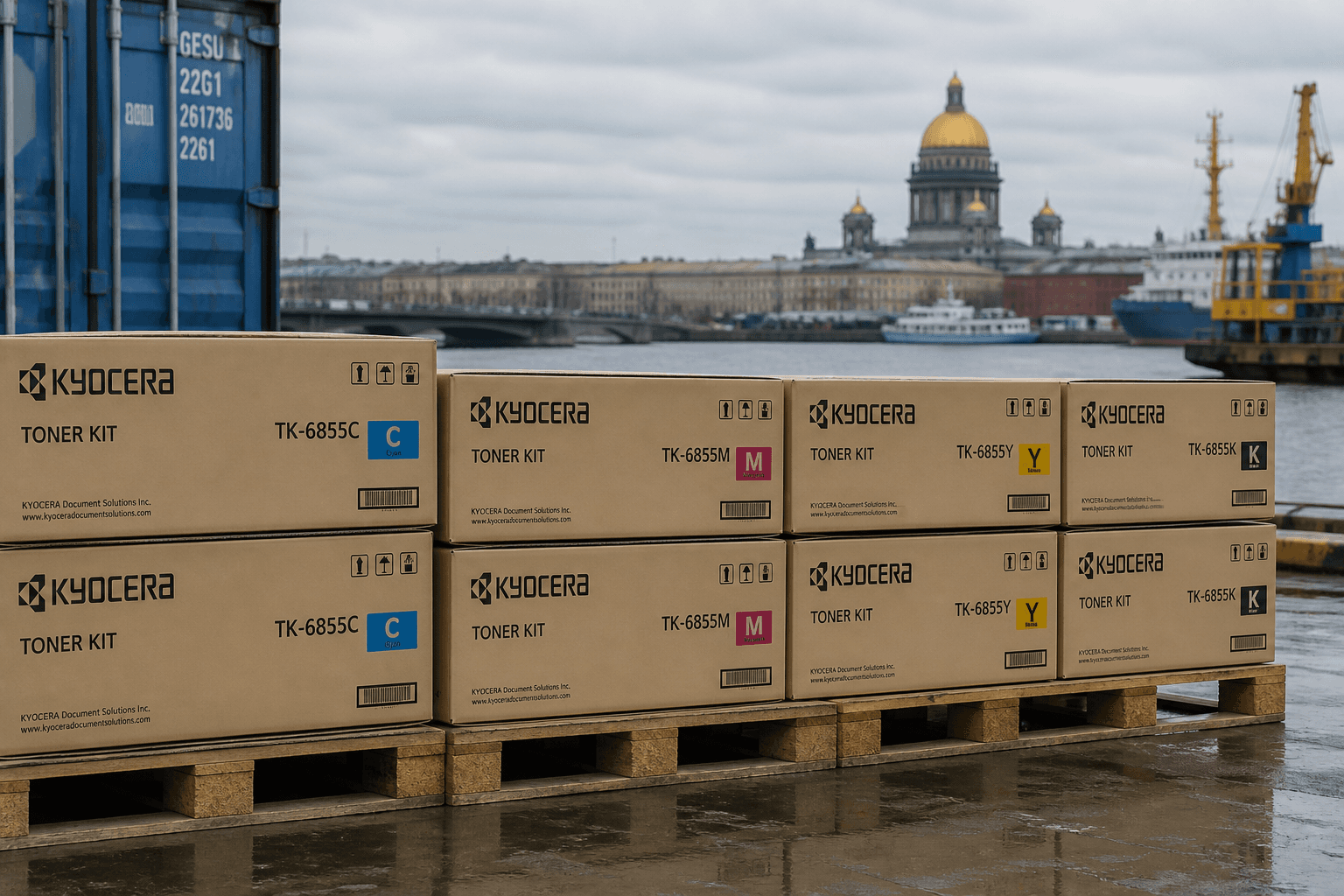 Kyocera toner cartridges on export cartons at a Russian port loading dock - wholesale supply from Mumbai